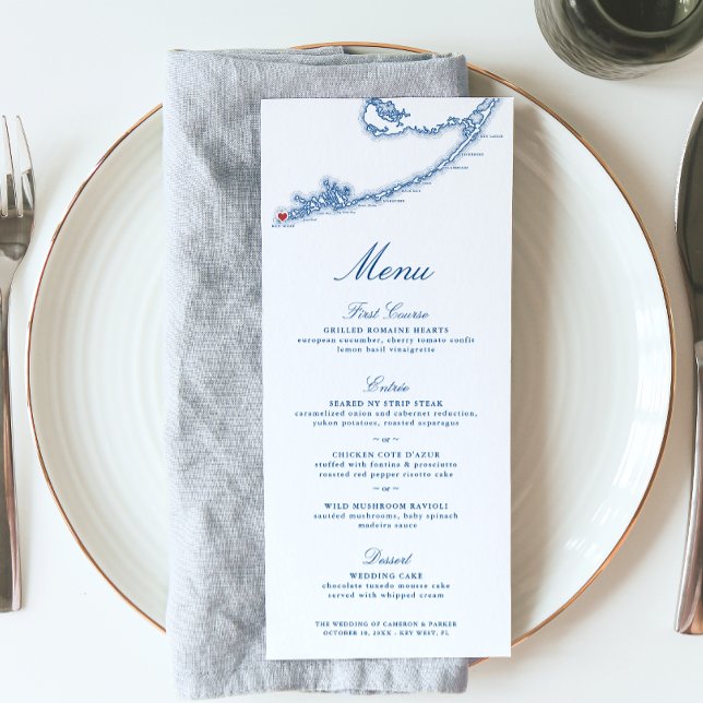 Key West FL Map Elegant Navy Blue Wedding Menu (Key West FL Map wedding menu for an elegant navy blue destination wedding from Coastal Map Designs)