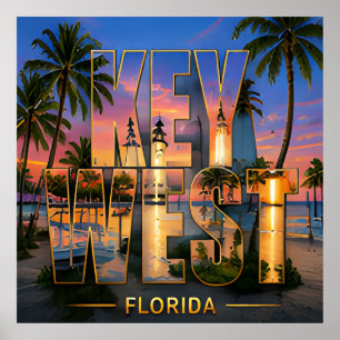 Key West Florida Coastal Skyline Tropical Travel Poster