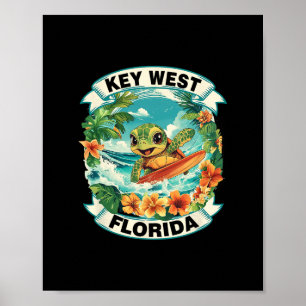 Key West Florida Cute Sea Turtle Surfing Summer Va Poster