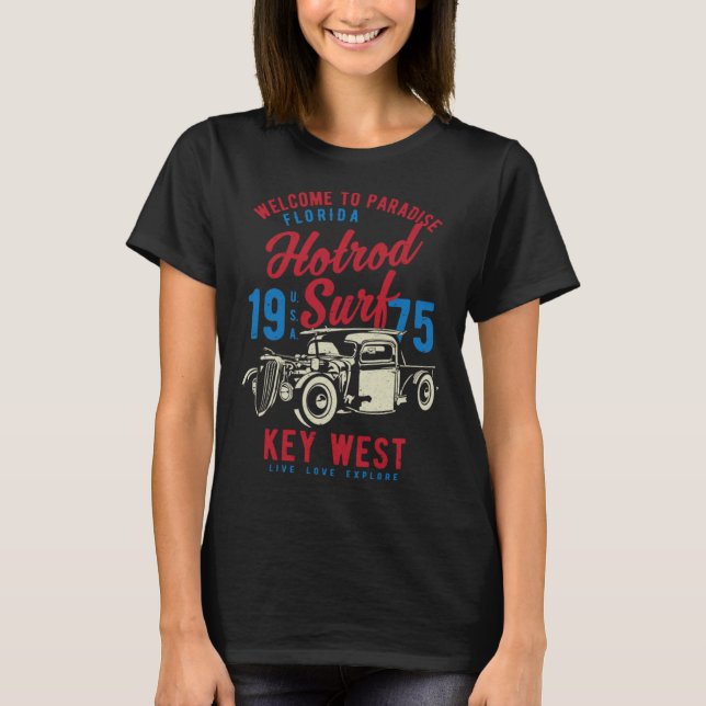 Key West Florida Retro Hotrod Surf Distressed  6 T-Shirt (Front)