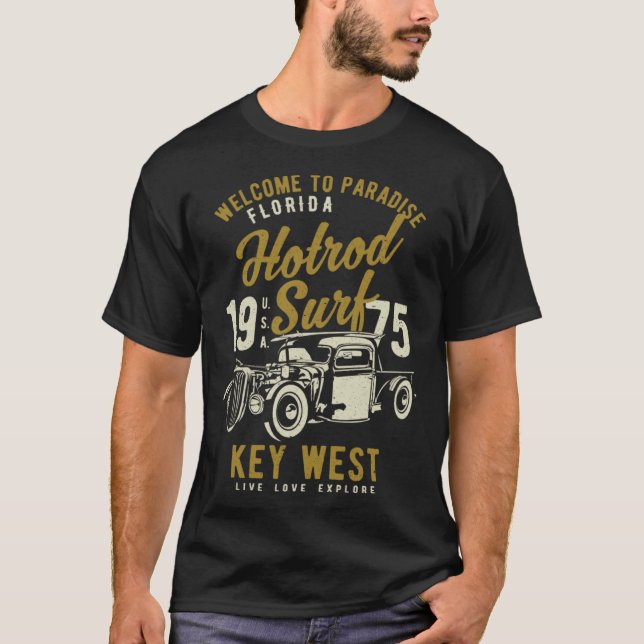 Key West Florida Retro Hotrod Surf Distressed  7 T-Shirt (Front)