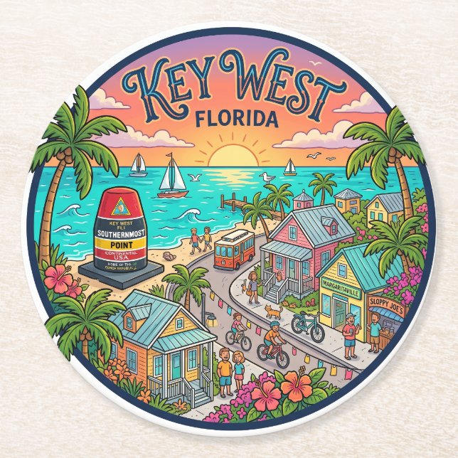 Key West Florida Round Paper Coaster (Front)