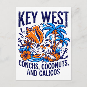 Key West Florida Tropical Cat Conchs And Coconuts Postcard