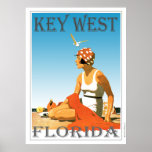 Key West Florida Vintage Beach Poster<br><div class="desc">A retro poster that never was until now. A creative redo of an old poster that should have been. Florida beach in retro style from the art deco era. Bright colours with a woman on the beach under a blue sky.</div>