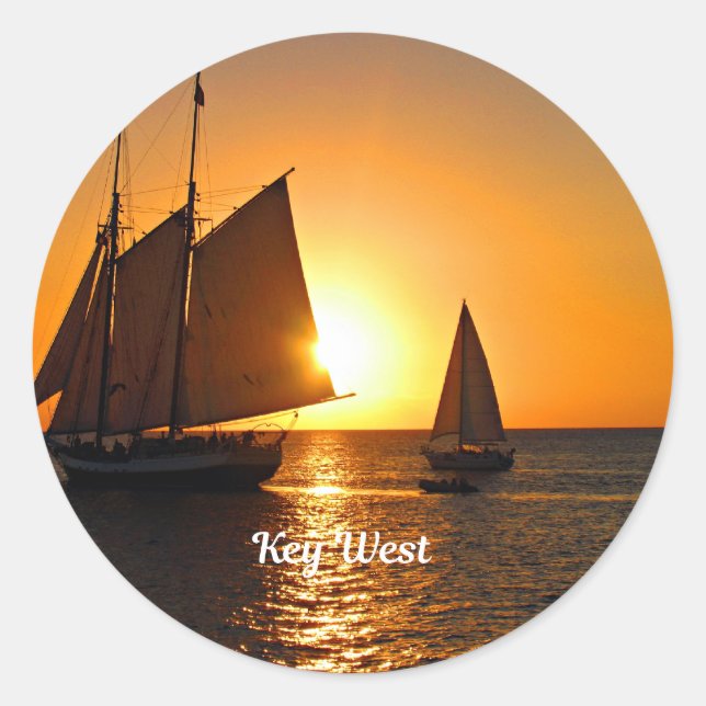 Key West, sunset and sailboats, Classic Round Sticker (Front)