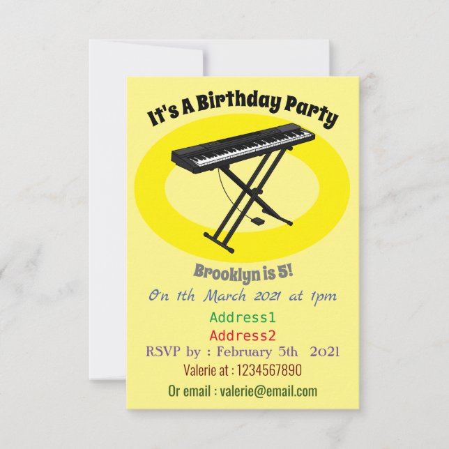 Keyboard piano cartoon illustration invitation (Front)