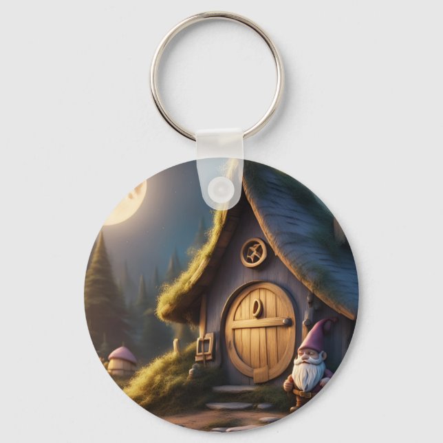 Keychain circle with cute gnome cabin design  (Front)
