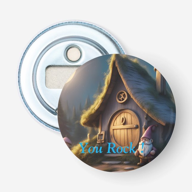 Keychain circle with cute gnome cabin design  bottle opener (Front)