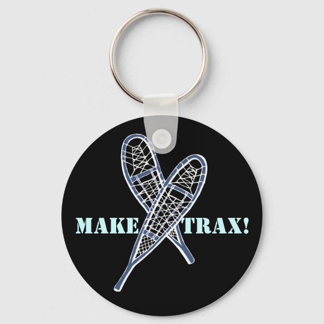 KEYCHAIN Crossed Snowshoes Snowshoeing make trax! (Front)