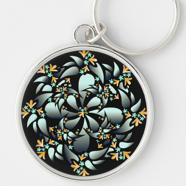 Keychain, Cute Floral Design, Silver Grey, Orange Keychain (Front)