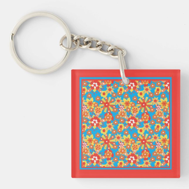 Keychain: Ditzy Orange Flowers on Blue Background Keychain (Front)