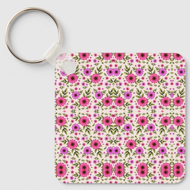 Keychain featuring a repetitive pink floral  (Front)