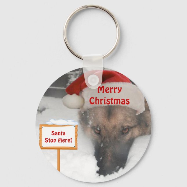 Keychain German Shepherd Santa Stop Here (Front)