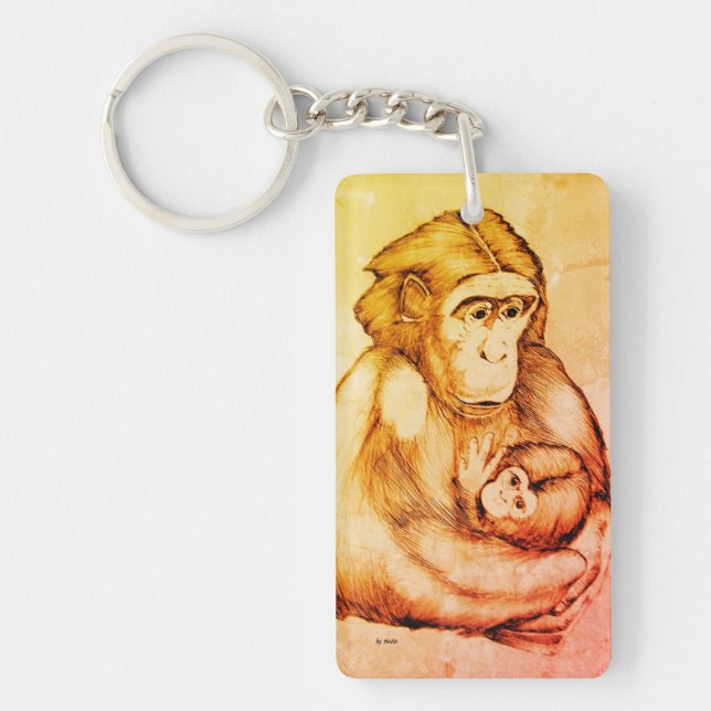 Keychain: monkey with baby (black pen design) keychain (Front)