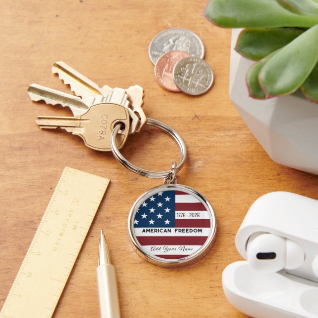 Keychain Patriotic US Flag Custom Text Name (Desk)