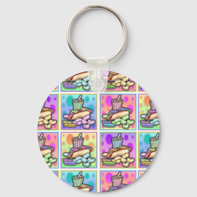 Keychain - Pop Art Hot Dog with Chips and a Drink (Front)