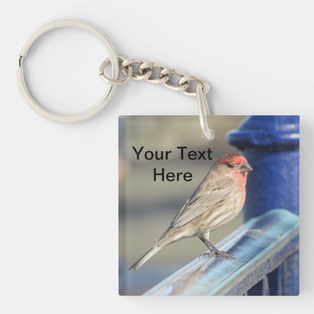 Keychain - Red headed sparrow on fence (Front)
