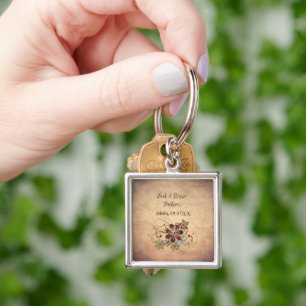 Keychain Wedding Favour: Name, Date & Floral Desig