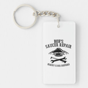 keychain with black Bob's Saucer Repair logo