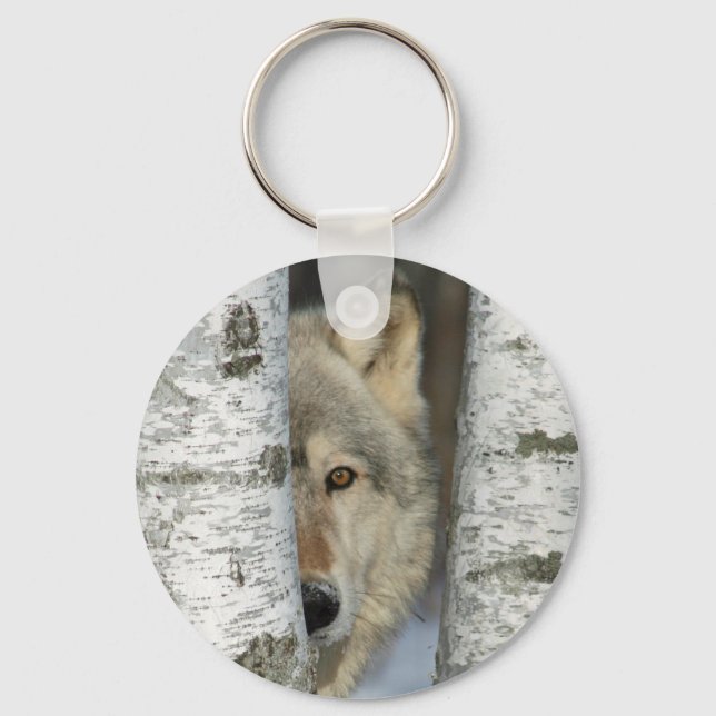 Keychain with photo of grey wolf in birch trees (Front)