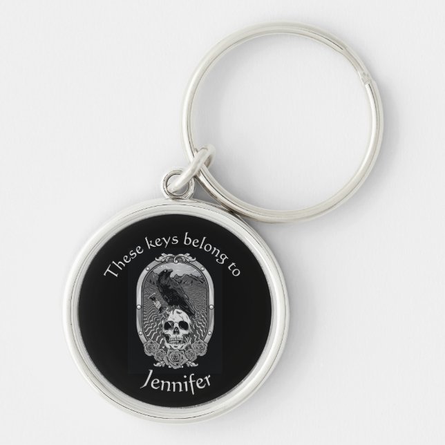 Keys Belong Custom Name Loves Raven Bird Skull Keychain (Front)