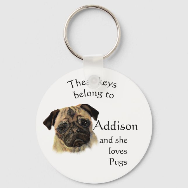 Keys Belong to Custom Name Loves Pug Dogs Keychain (Front)