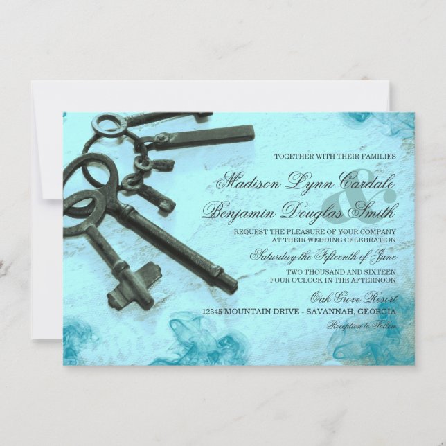Keys to Her Heart Vintage Aqua Wedding Invitations (Front)