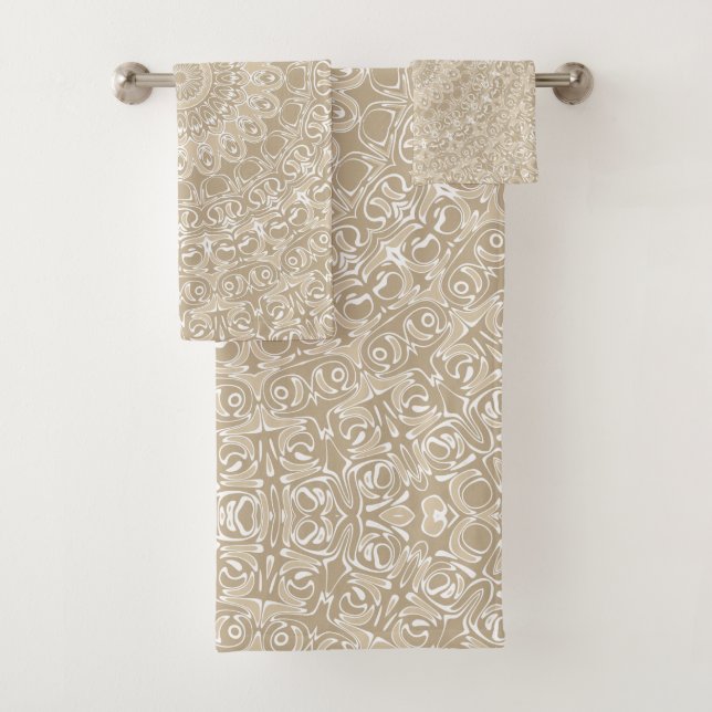 Khaki and White Ornamental Mandala Pattern Bath Towel Set (Insitu)