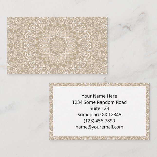 Khaki and White Ornamental Mandala Pattern Business Card (Front/Back)