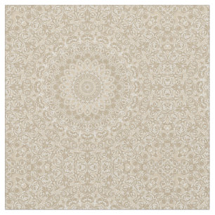 Khaki and White Ornamental Mandala Pattern Fabric