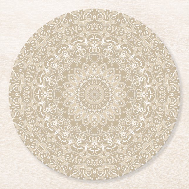 Khaki and White Ornamental Mandala Pattern Round Paper Coaster (Front)