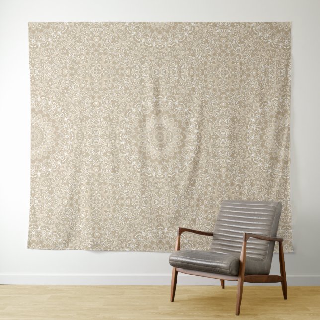 Khaki and White Ornamental Mandala Pattern Tapestry (In Situ (Horizontal))
