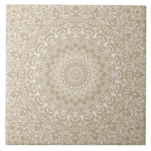 Khaki and White Ornamental Mandala Pattern Tile