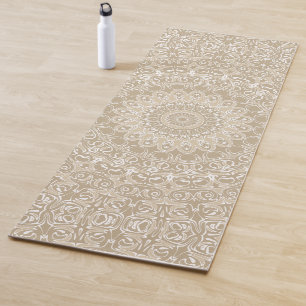 Khaki and White Ornamental Mandala Pattern Yoga Mat