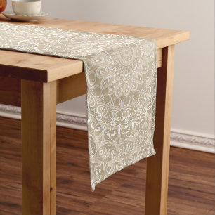 Khaki Beige Mandala Kaleidoscope Medallion Flower Long Table Runner