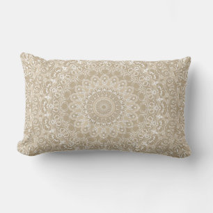 Khaki Beige Mandala Kaleidoscope Medallion Flower Lumbar Pillow