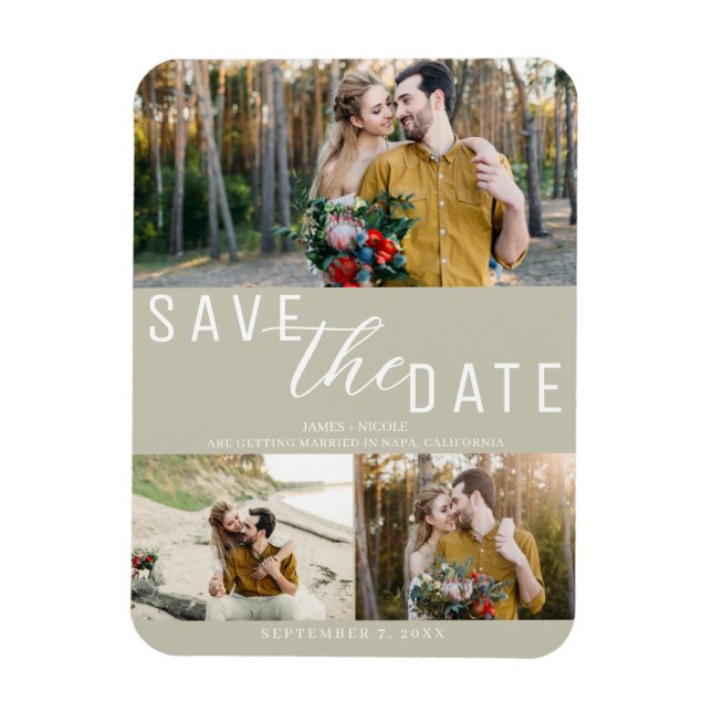 Khaki Beige Save the Date Wedding 3 Photos Magnet (Vertical)