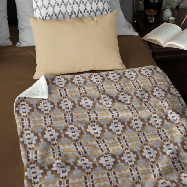 Khaki Beige Taupe Dark Brown Grey Tribal Pattern Fleece Blanket (Creator Uploaded)