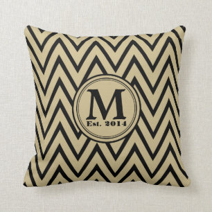 Khaki & Black Chevron Custom Monogram Pillow