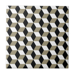 Khaki Black & White 3D Cubes Pattern Tile