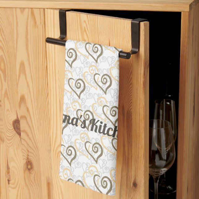 Khaki Brown Linked Heart Art Custom Kitchen Towel (Thirds Fold)