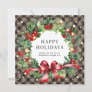 Khaki Buffalo Plaid Stars Holly Berries Business Holiday Card