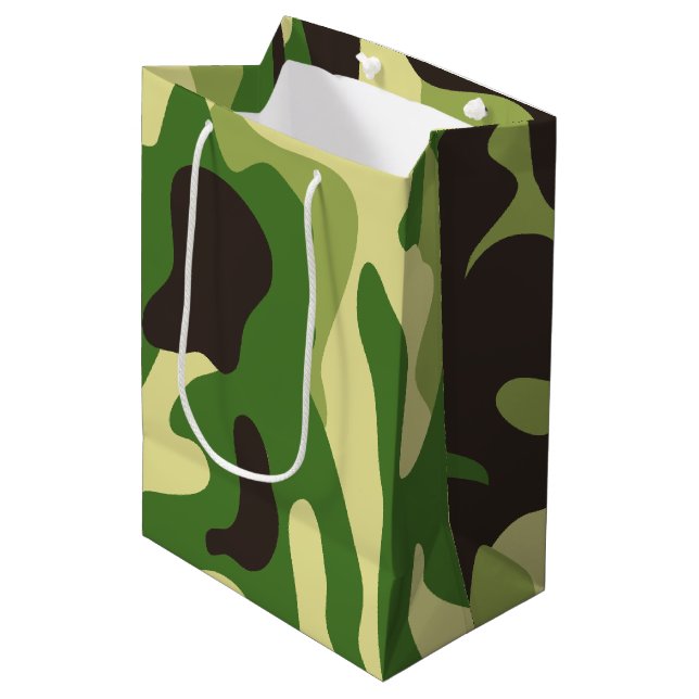 Khaki camouflage pattern medium gift bag (Front Angled)