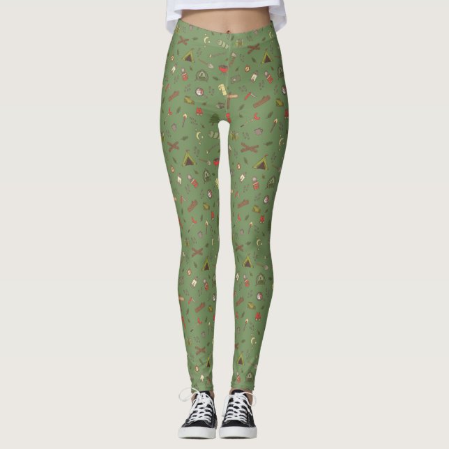 Khaki Camping Themed Outdoors Campfire Pattern Leggings (Front)