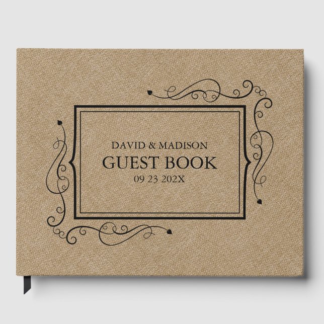 Khaki Faux Linen Black Frame Livre d'invité (Recto)