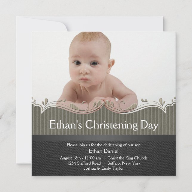 Khaki Green Black Boys Photo Christening Invitation (Front)