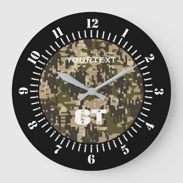 Khaki Green Digital Camouflage Personalized on a Large Clock (Front)