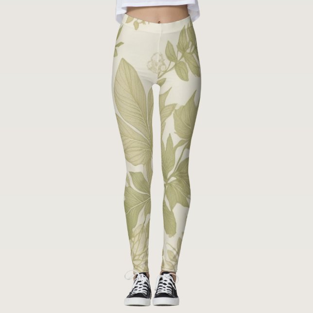 Khaki Green Eco-Friendly Botanical Greenery Print Leggings (Front)