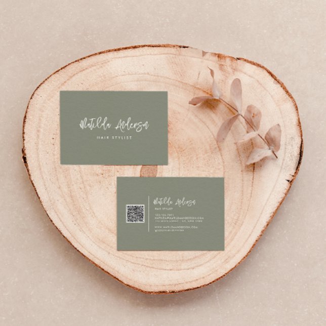Khaki green modern minimal script QR CODE Business Card (Creator Uploaded)