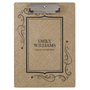 Khaki Linen Texture Black Vintage Frame Clipboard